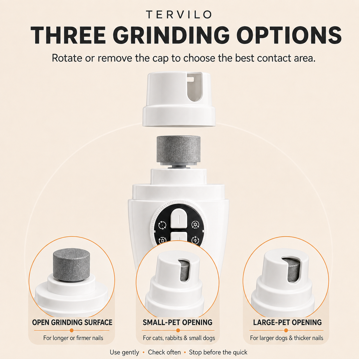 Tervilo pet nail grinder showing three configurations: open grinding surface, small-pet opening, and large-pet opening