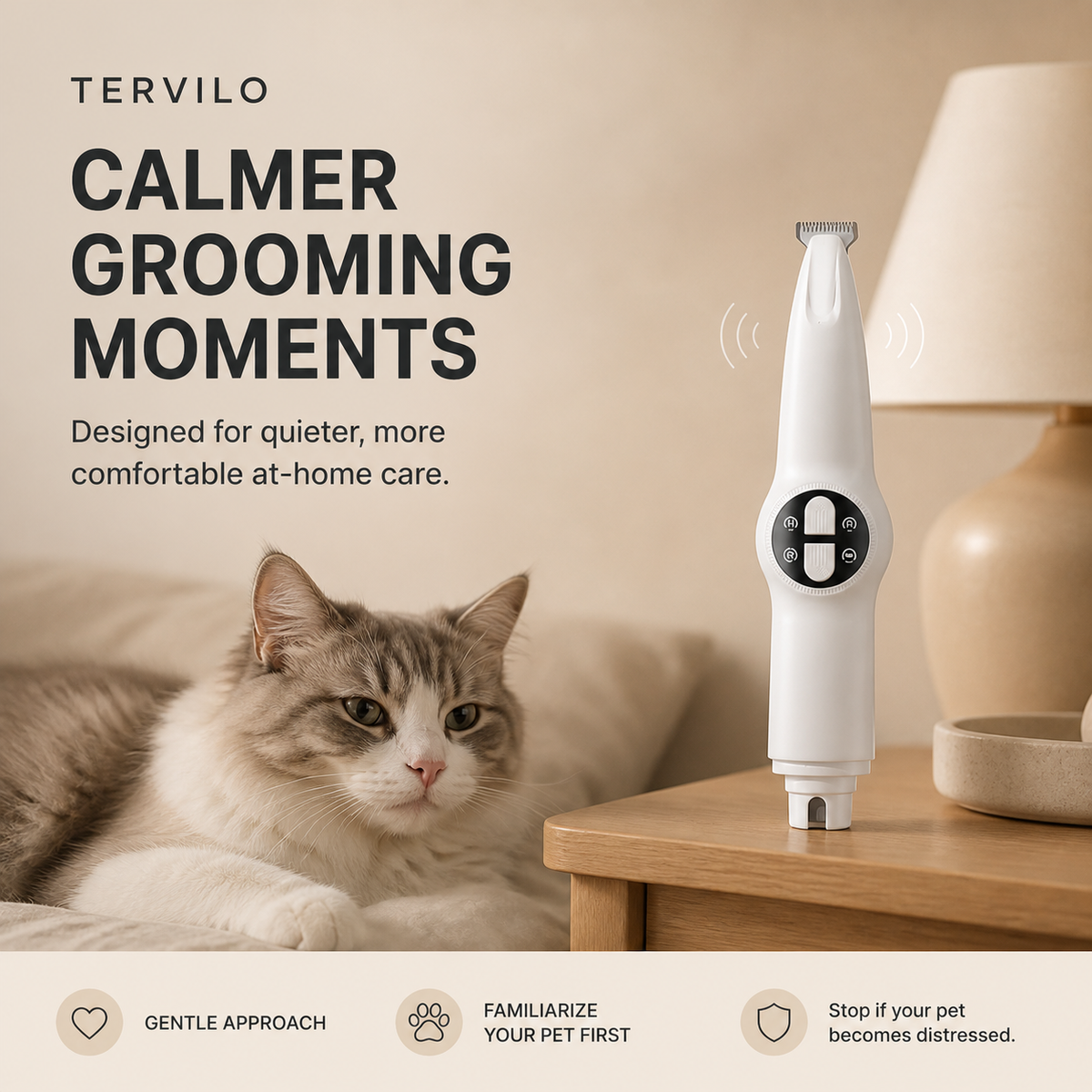 Tervilo pet grooming tool in a calm at-home grooming setting