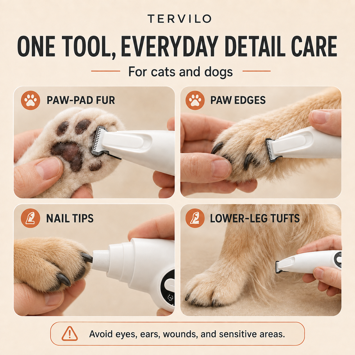 Pet grooming tool applications for paw fur, paw edges, nail tips, and lower-leg tufts